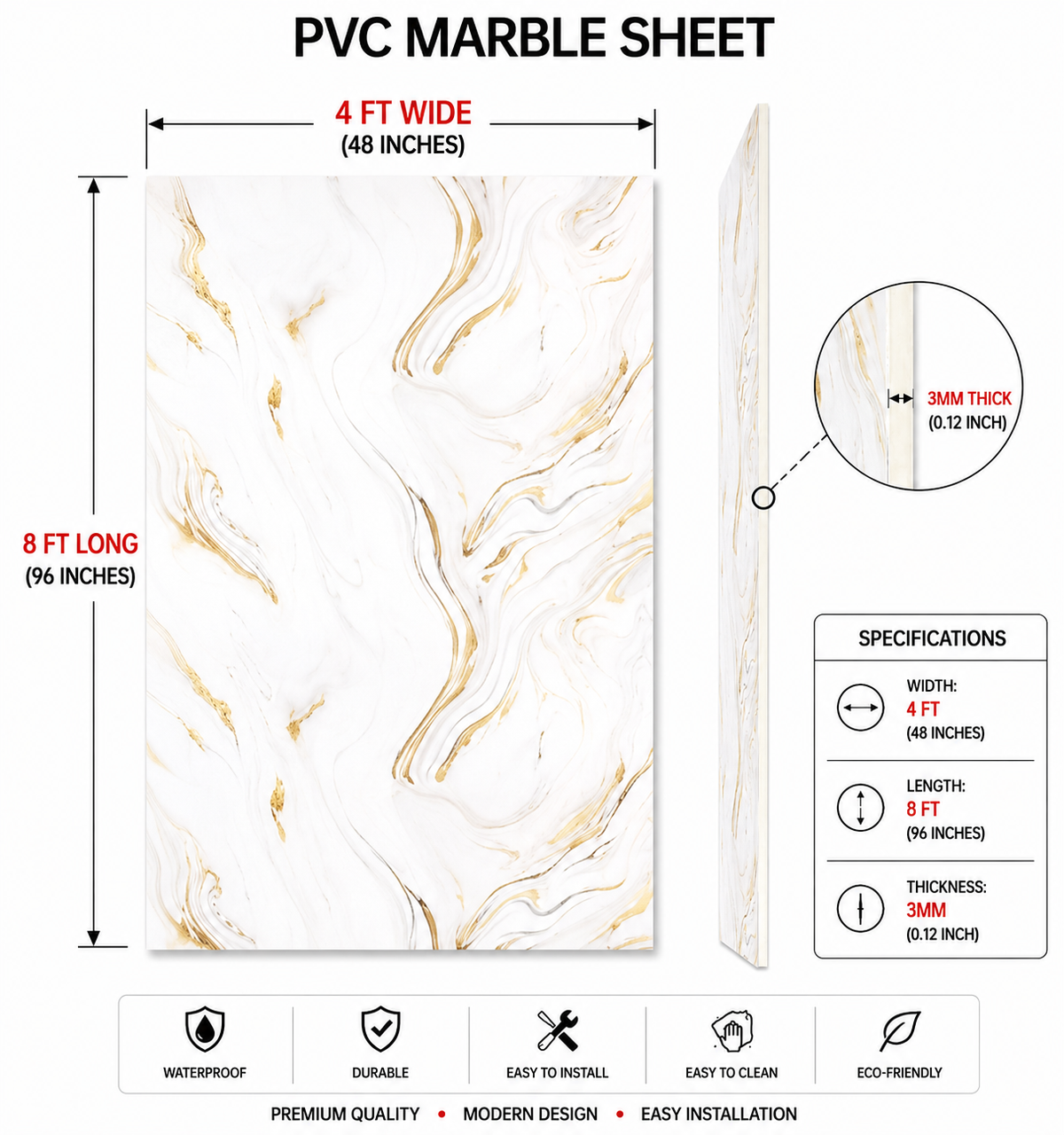 4 × 8 FT PVC Marble Sheet Dining Room - 24609