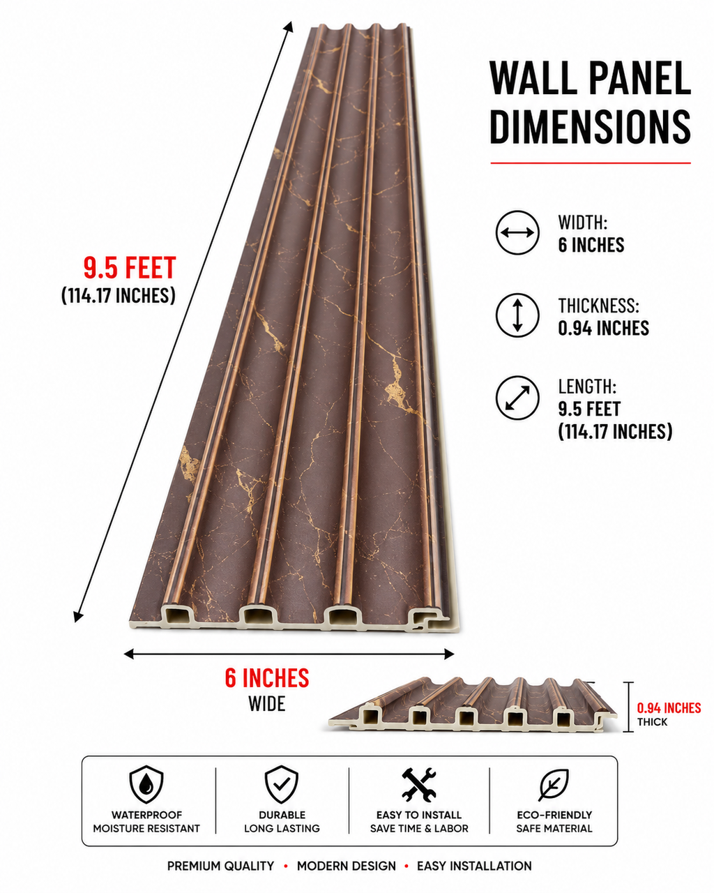 6 × 114.17 inches  PS-PVC Wall Panel – PS20001 Rich brown