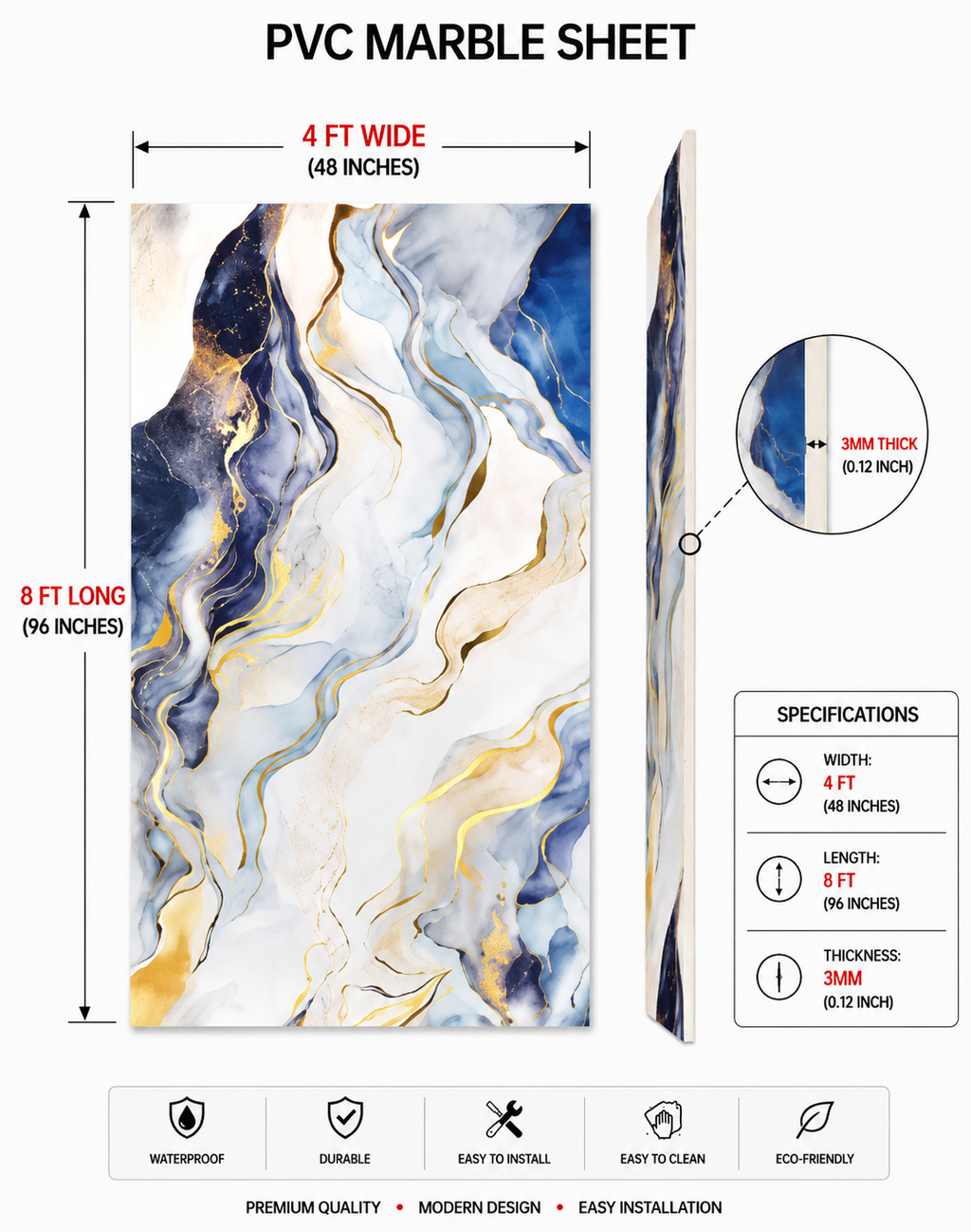 4 × 8 FT - PVC Marble Sheet (Black-office/lounge) - 1892301