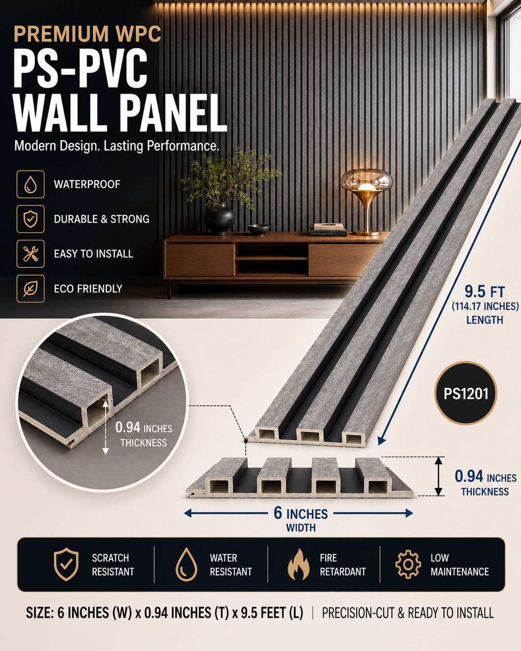 6 × 114.17 inches PS-PVC Wall Panel – PS1201