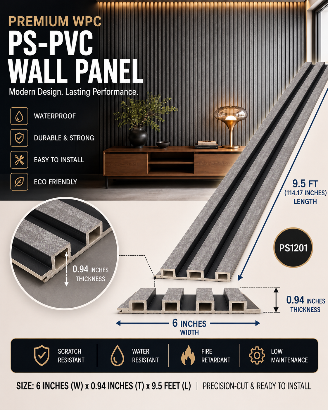 6 × 114.17 inches PS-PVC Wall Panel – PS1201