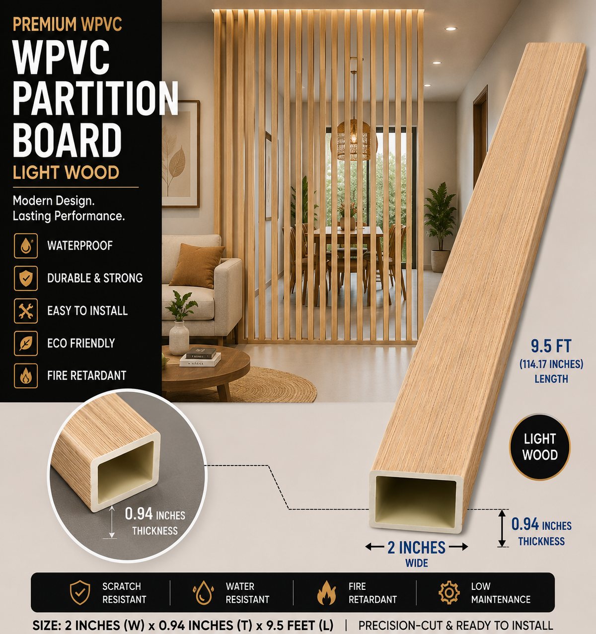 2 × 114.17 inches WPC Partition Board Light Wood - WT5002